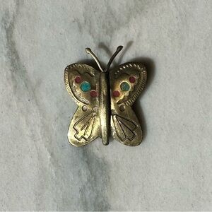 KAPITAL Japan Brass Butterfly brooch with Red and Teal Enamel Accents